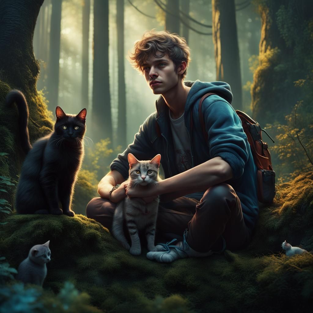 Teenage Boy in Forest with Cats: Detailed Matte Painting