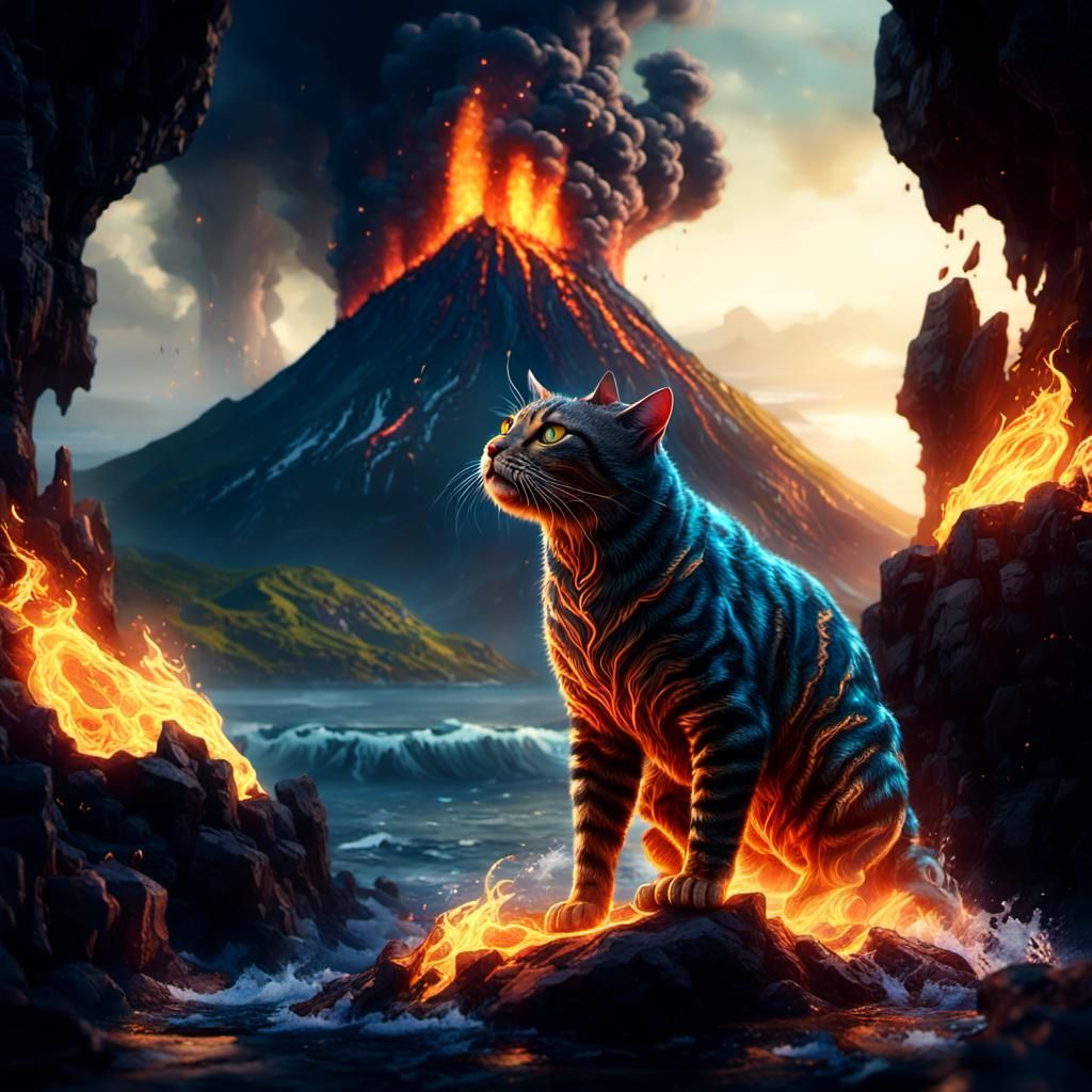 Elemental Cat: Fire and Water Digital Art