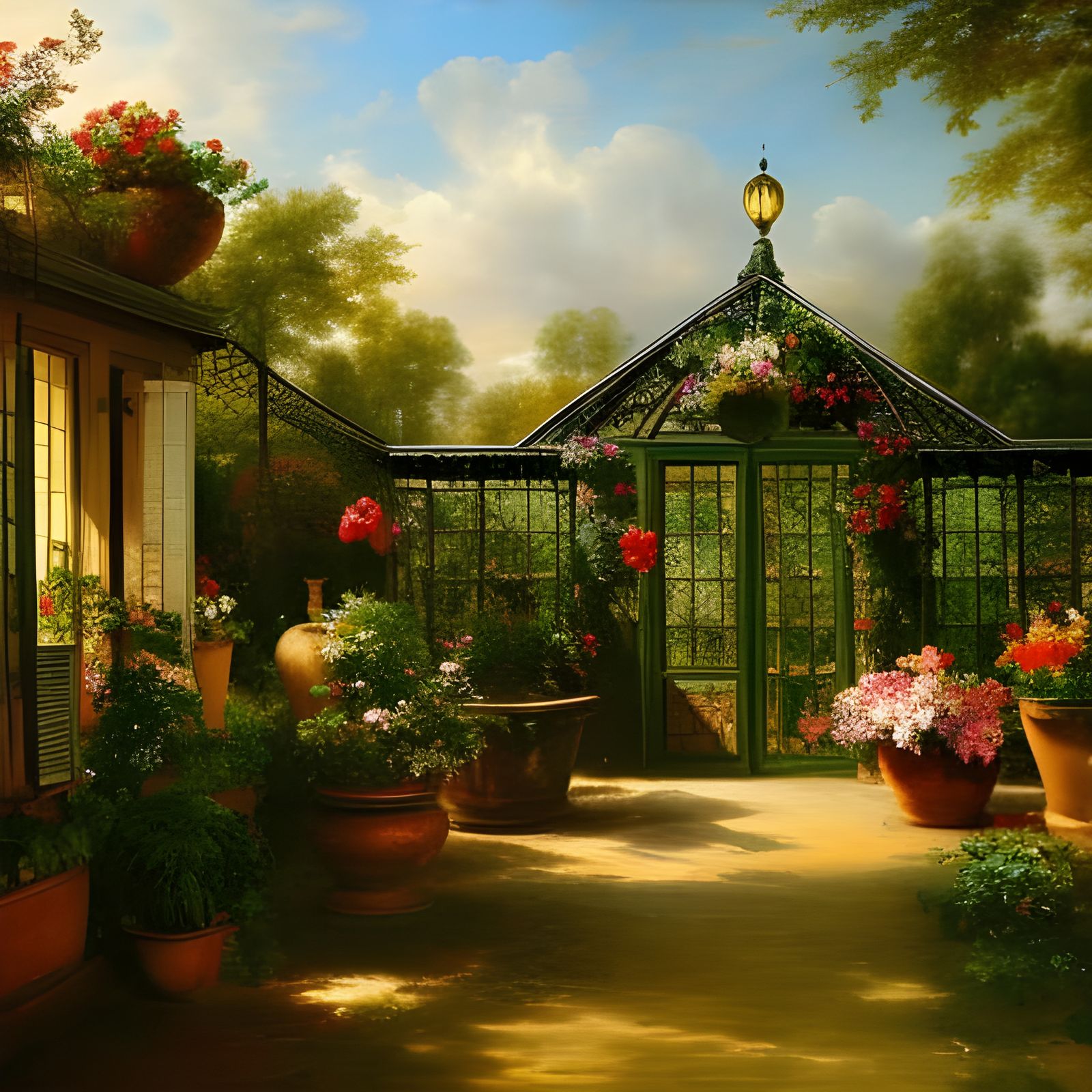 Victorian Greenhouse Garden in Baroque Oil Painting Style