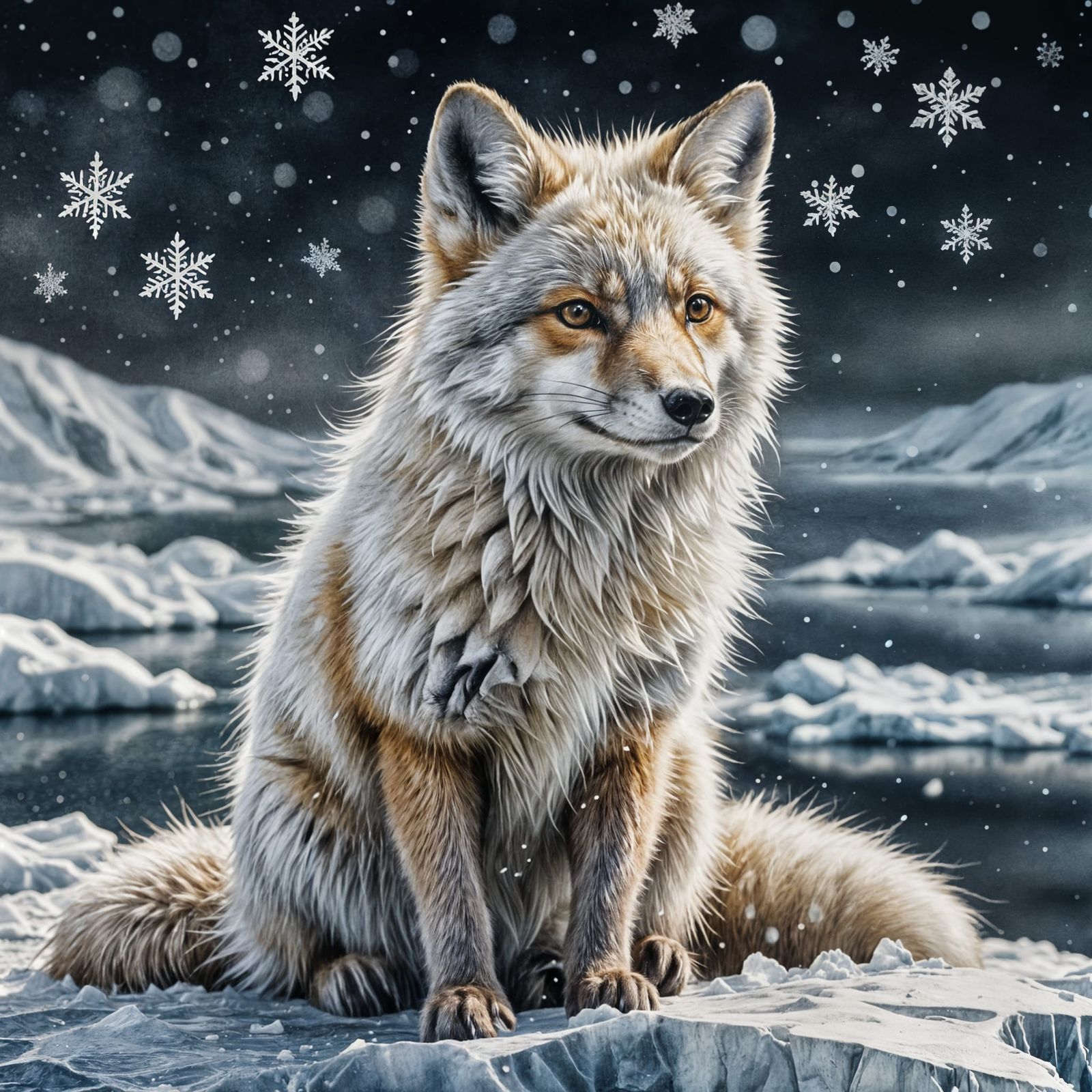 Arctic Fox in Woodcut Watercolor Style