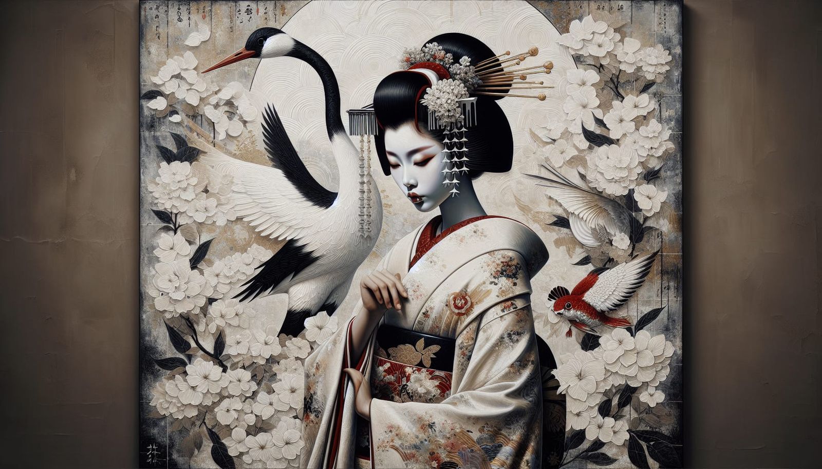 Geisha in Silk Kimono with Japanese Symbolic Elements