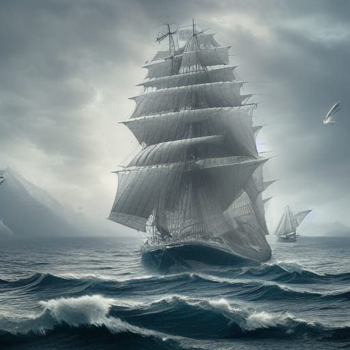 Epic Sailboat on Open Ocean, Digital Matte Painting