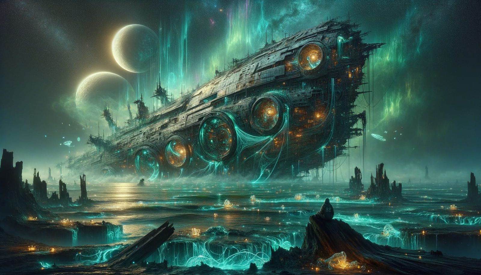 Colossal Abandoned Spaceship Amidst Alien Ocean in Vibrant C...