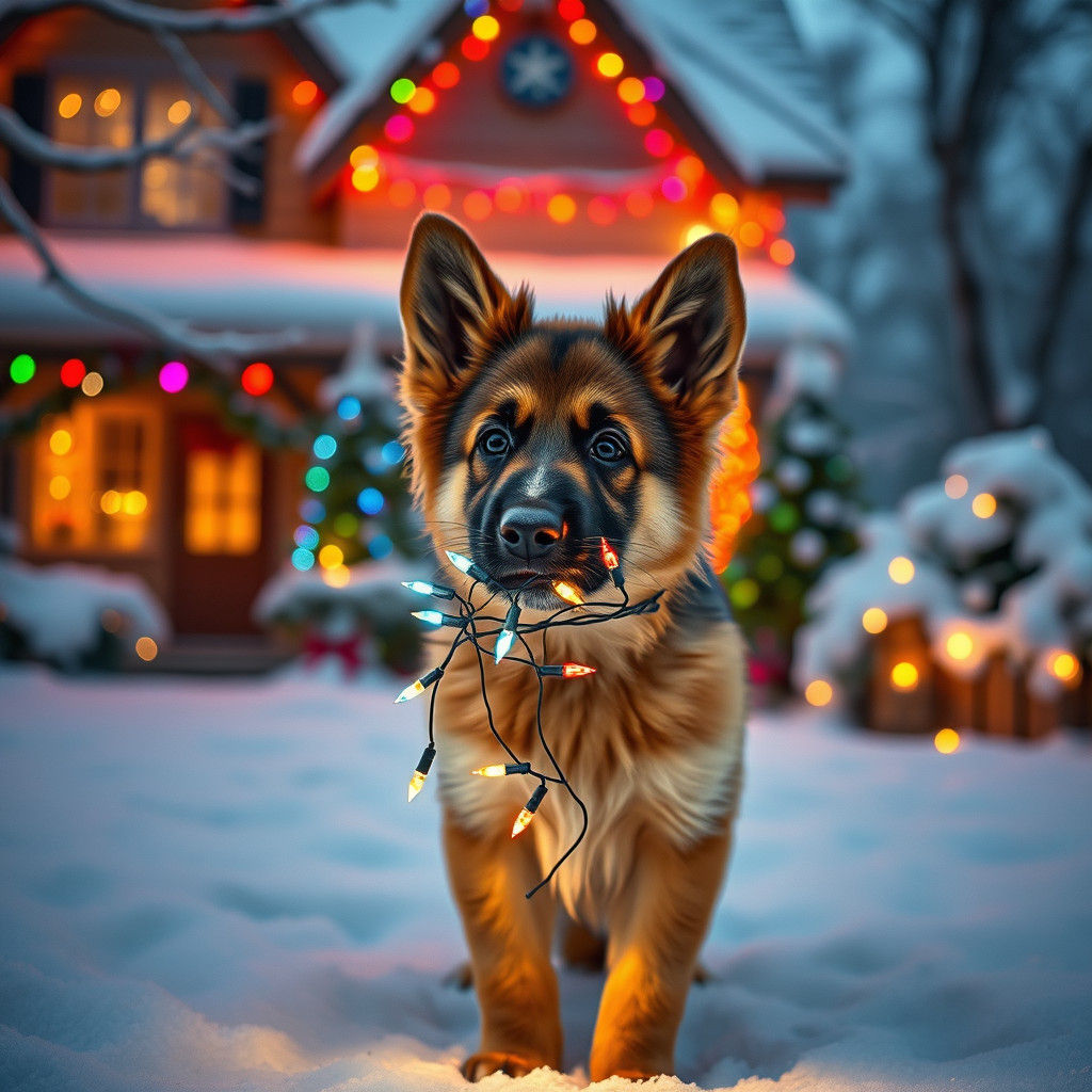 German Shepherd Puppy with Christmas Lights