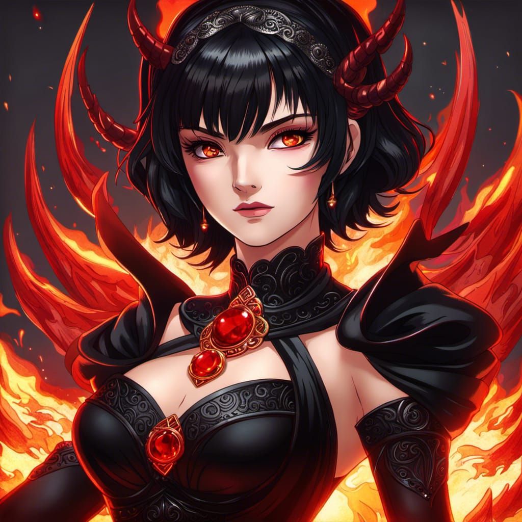 Anime Demon Woman with Ruby Eyes and Fire