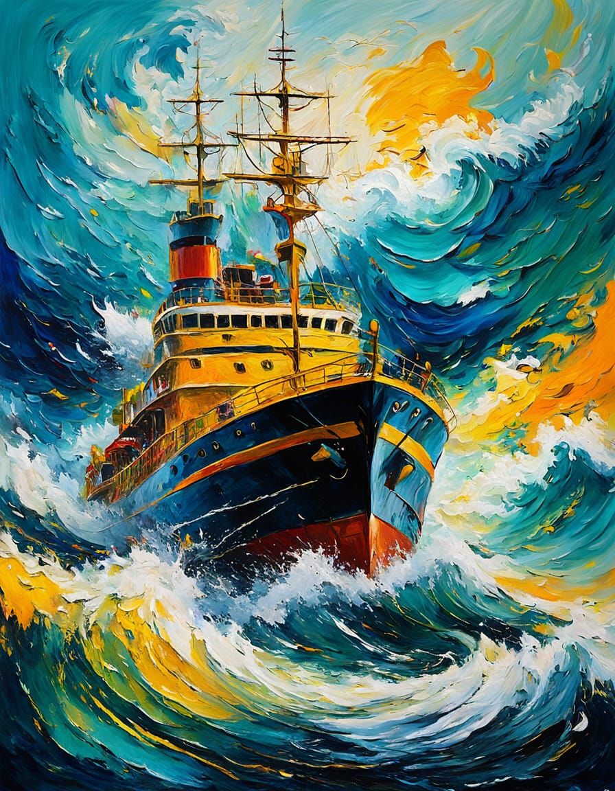 Ship on High Wave: Abstract Expressionist Oil Painting