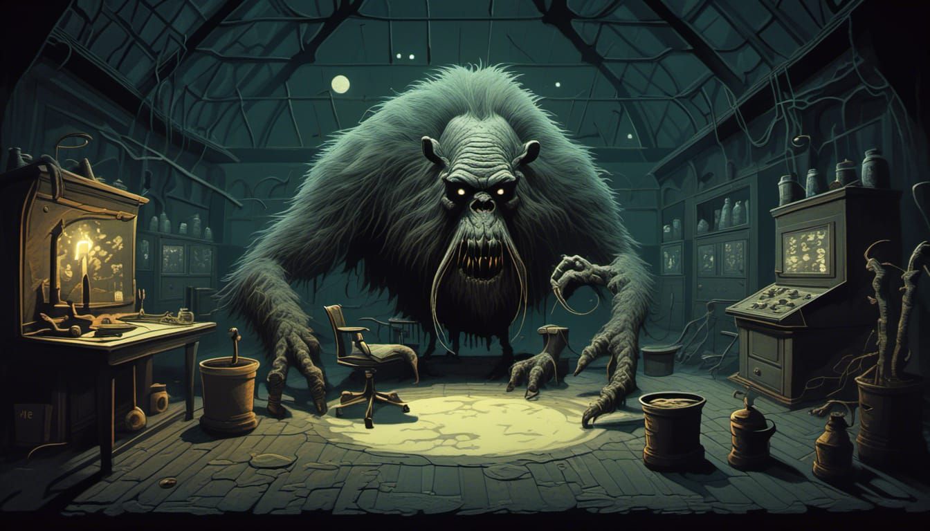 A zentangle illustration by Simon Stålenhag depicts a haunted
state of-the art laboratory where a corrupted experiment h...