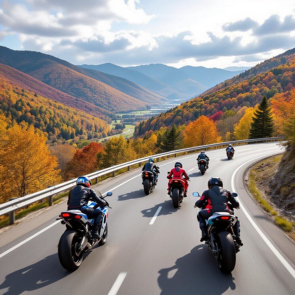 Motorcycle Race on Mountain Highway with Autumn Valley View
