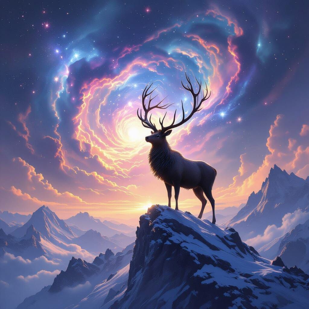 Majestic Stag Amidst Cosmic Nebulae on Mountain Peak