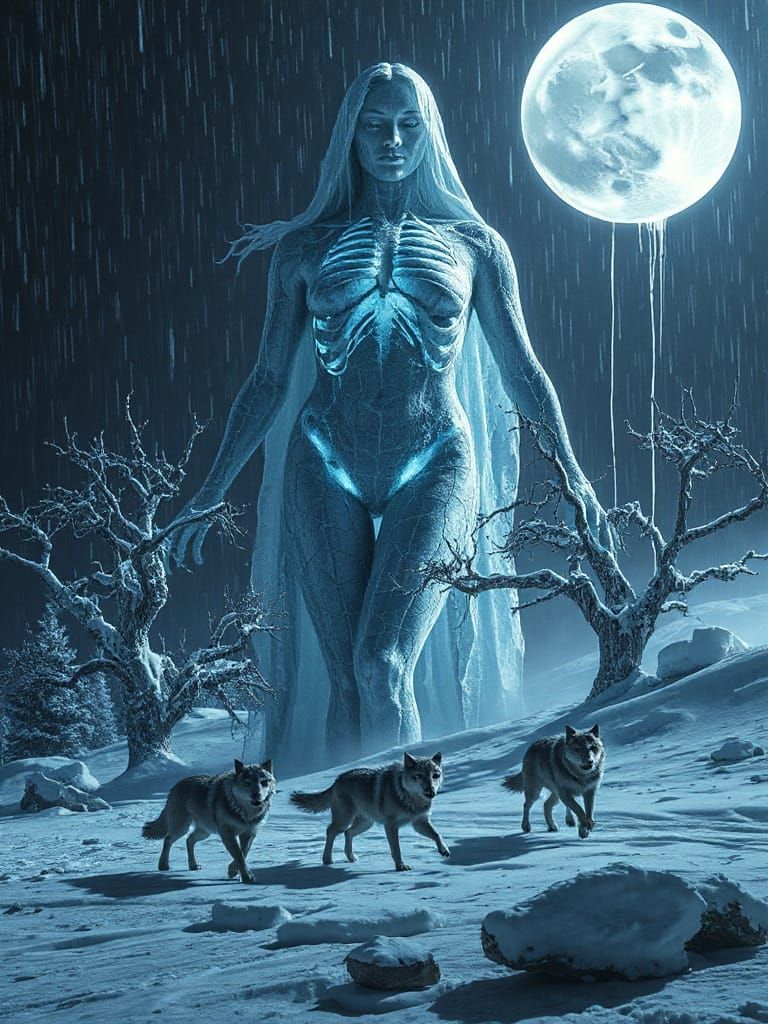 Giant Ice Woman Rises from Frozen Wasteland with Black Snow