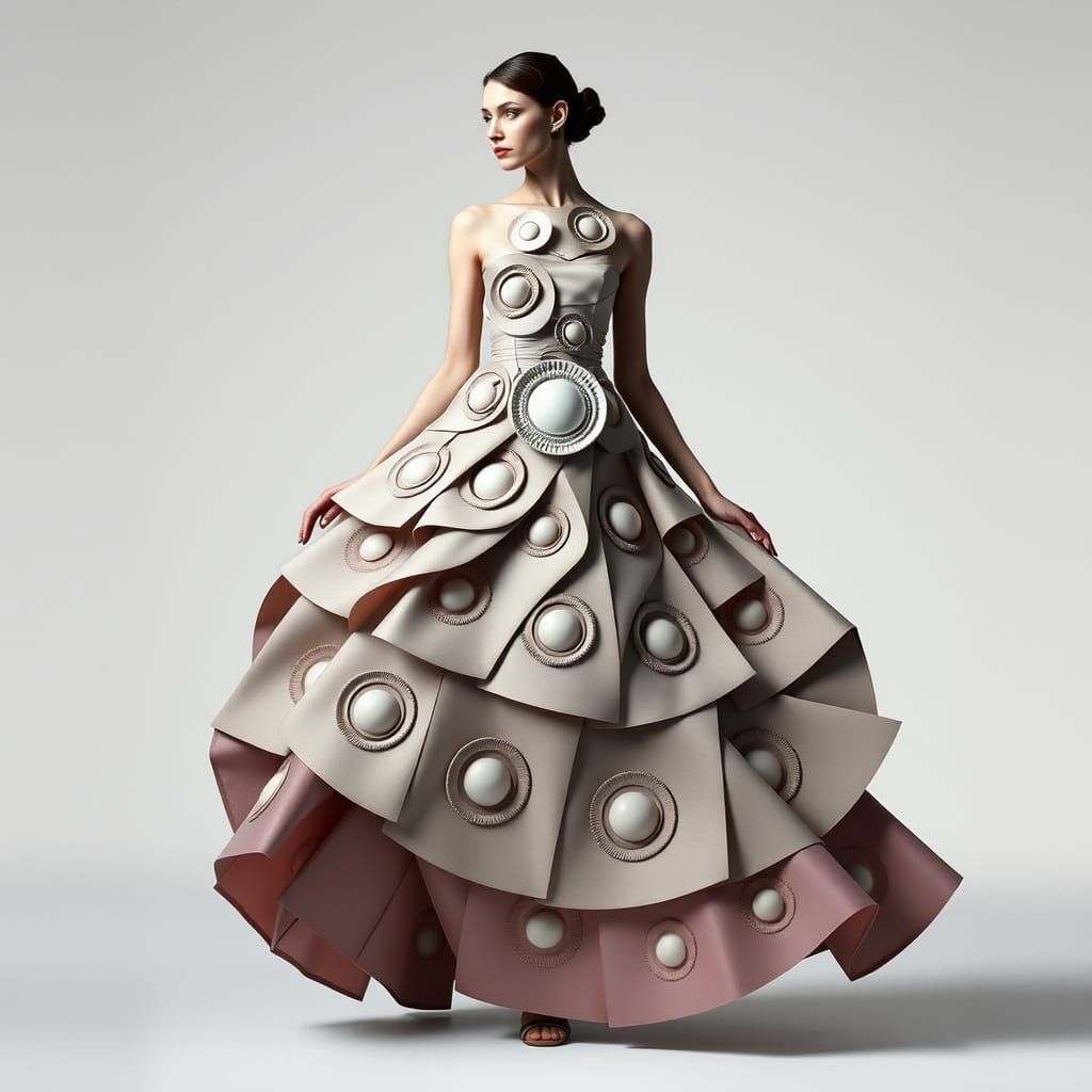 Woman in Geometric, Avant-Garde Dress with Triangular and Ci...