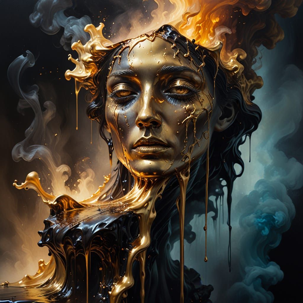 Surreal Metallic Figure Falls in Dreamlike Oil Painting