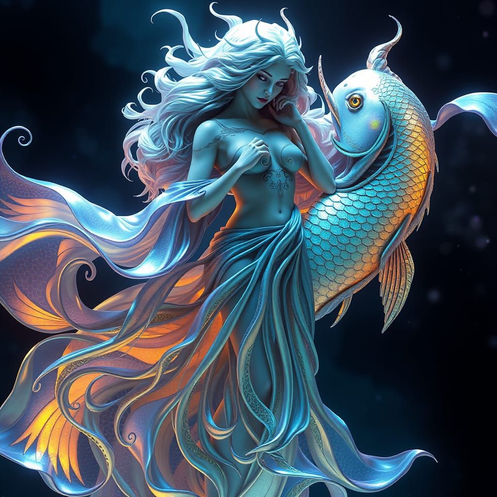 Ethereal Pisces Goddess in Dark Fantasy Art Nouveau Style