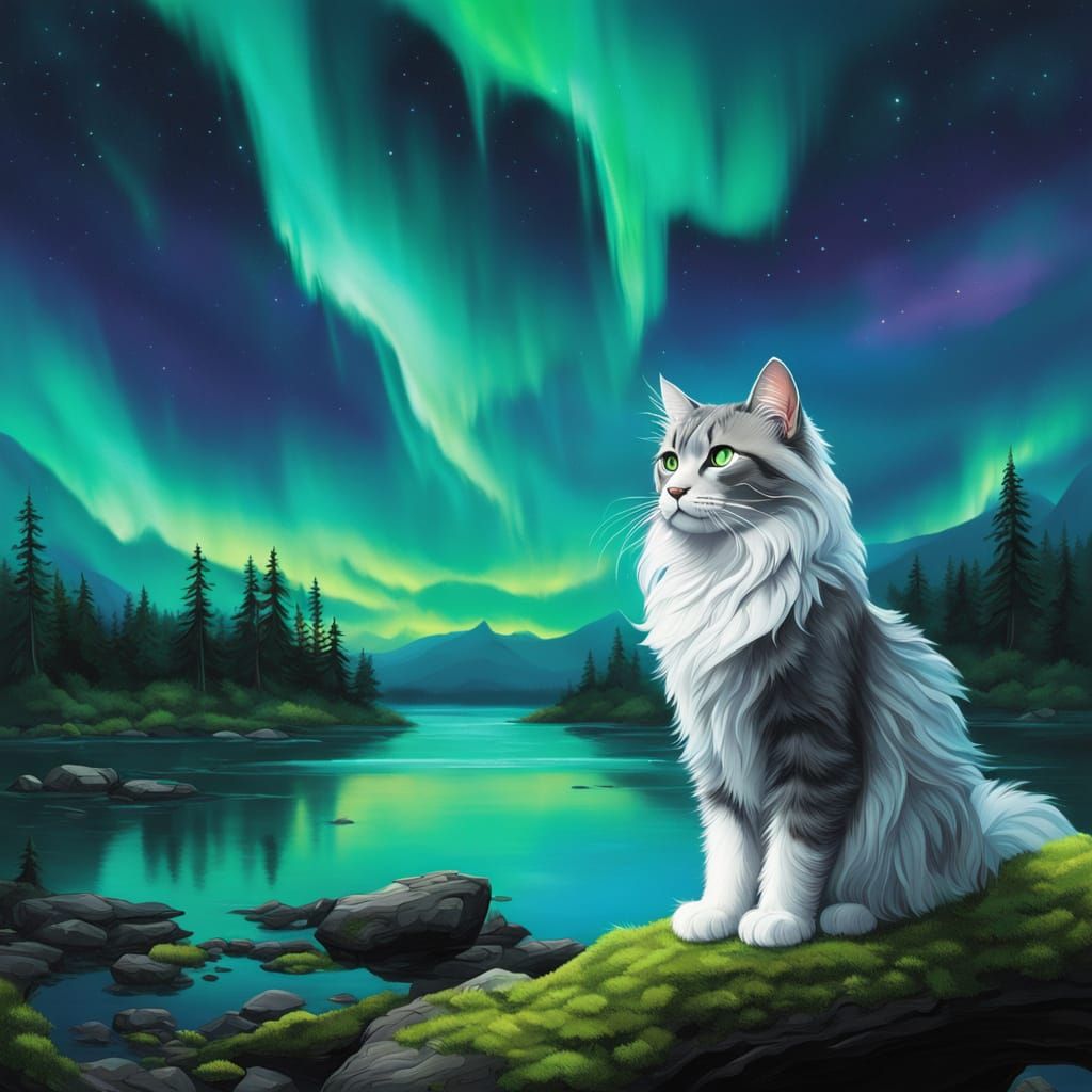 Norwegian Forest Cat Under Aurora in Art Nouveau Style