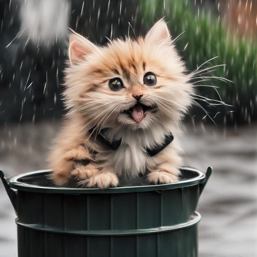 Adorable Fluffy Kitten Plays in Rainy Puddle