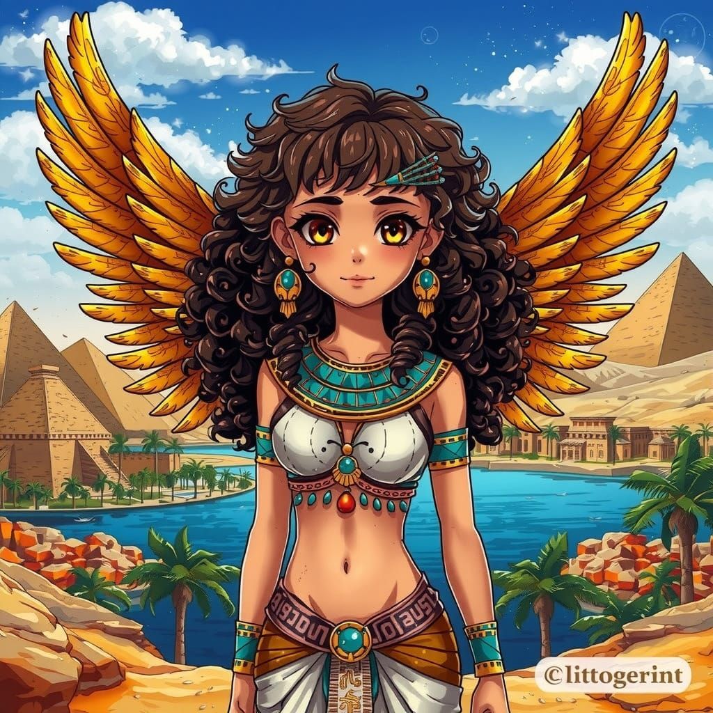 Egyptian Girl with Golden Wings in Anime Style