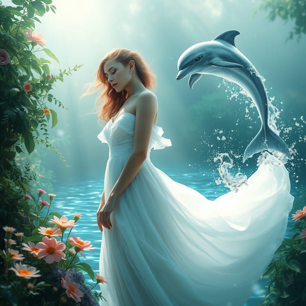 Enchanted Woman Meets Dolphin in a Dreamy, Ethereal Realm