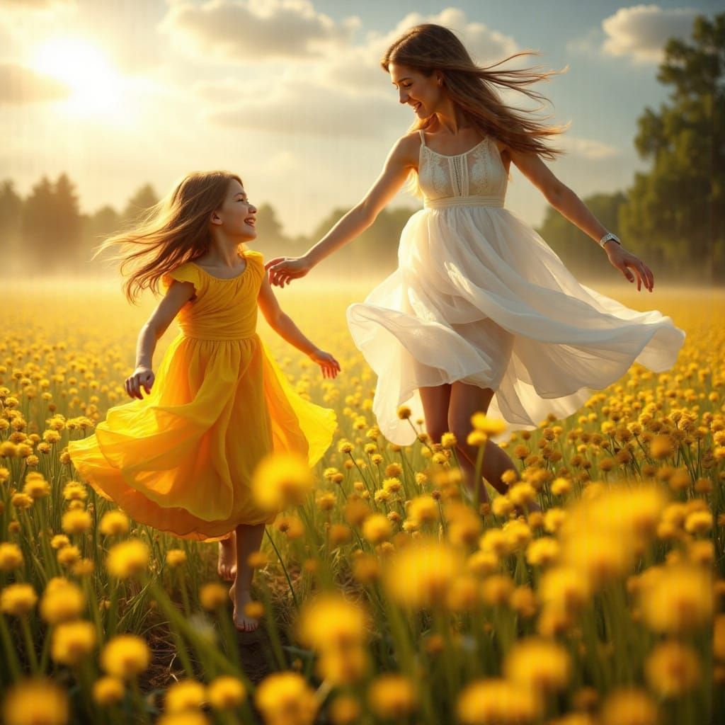 Mother and Daughter Dancing in a Whimsical Field