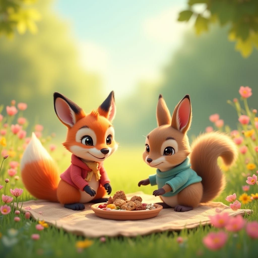 Animal Friends Picnic in Sunny Meadow, 3D Animation
