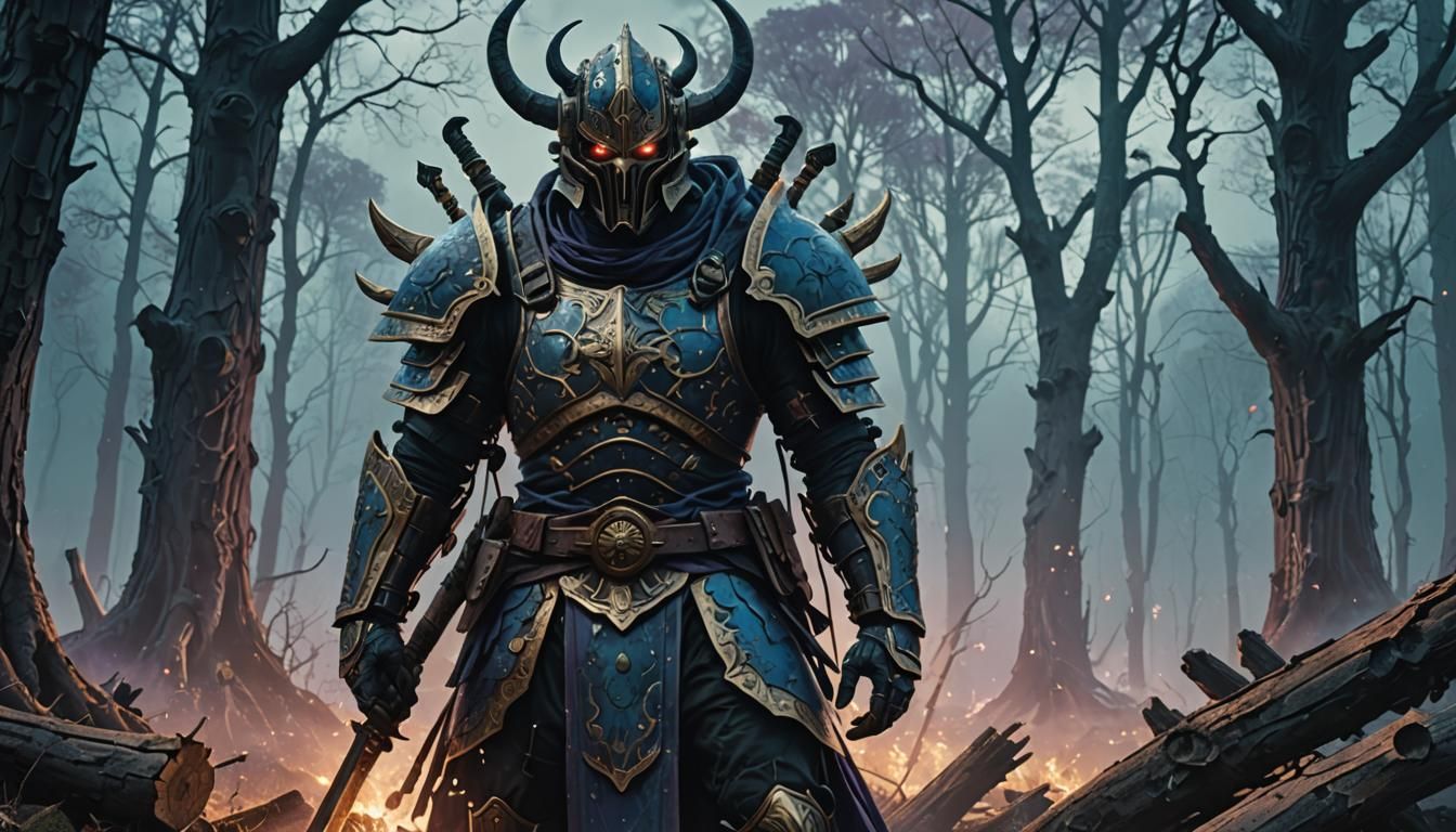 Vixen Warrior Confronts Demon in Mystical Forest