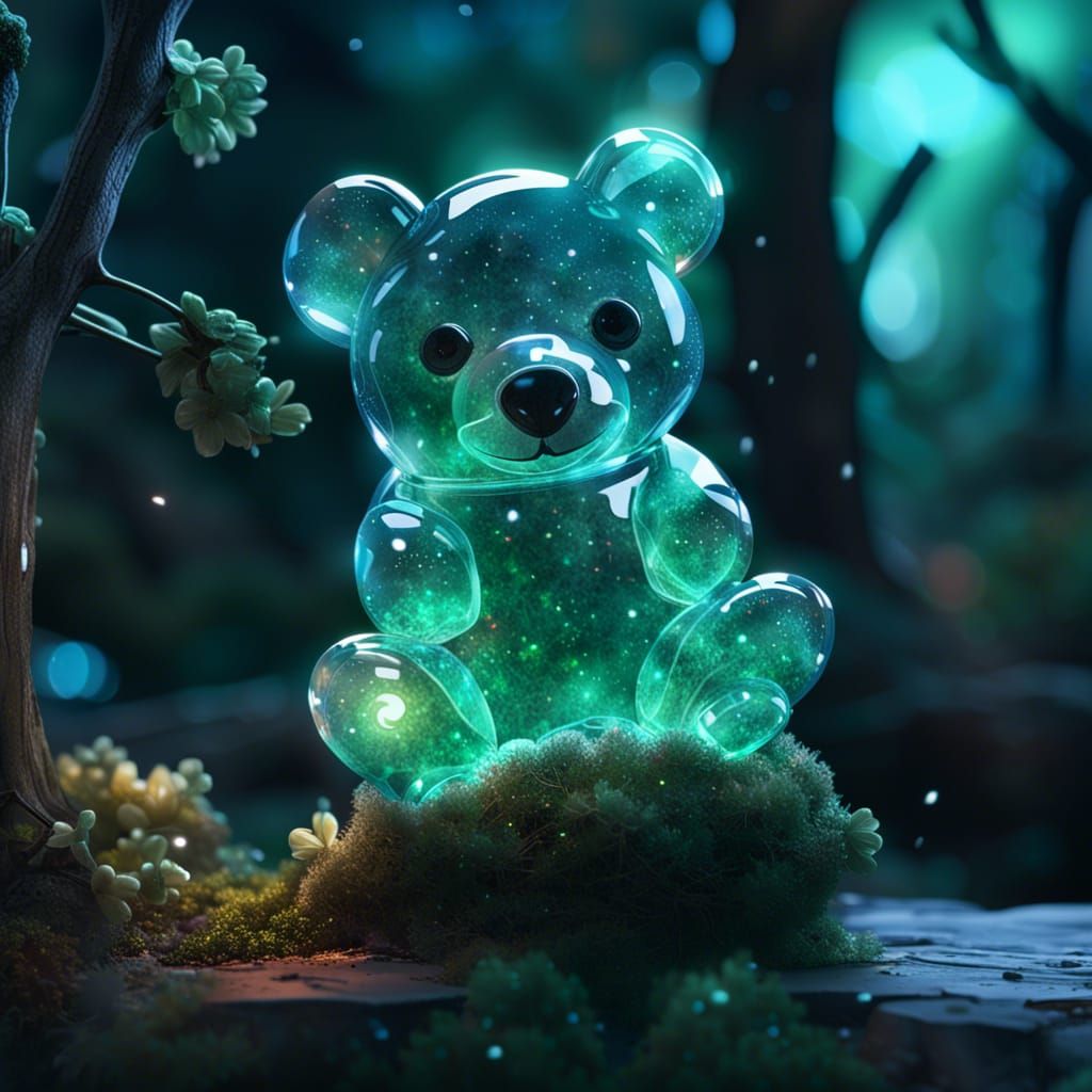 A hyper-realistic digital artwork of a delicate and transparent jade crystal glass sculpture of a teddy bear filled with...