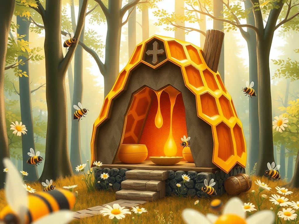 Whimsical Honey House in Sunlit Forest Glade