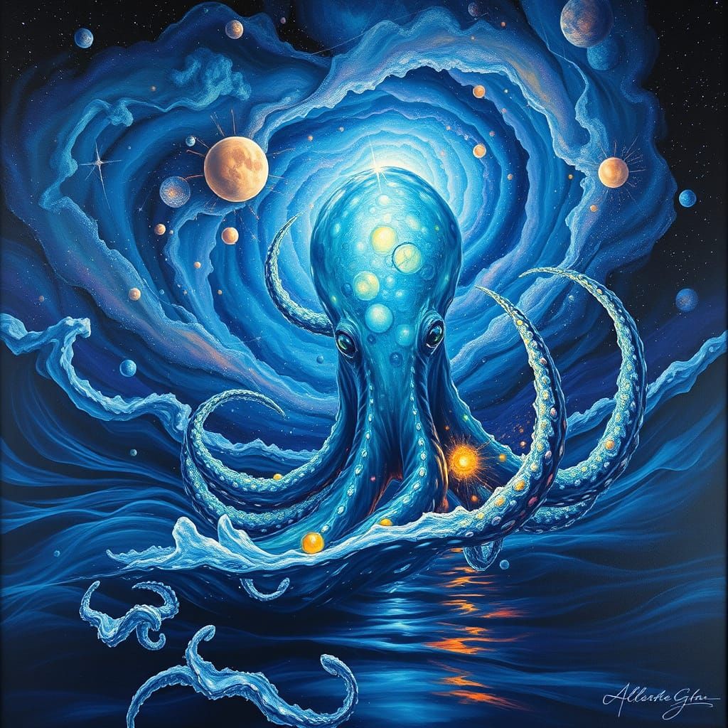 Cosmic Kraken Sculpture in Swirling Ocean