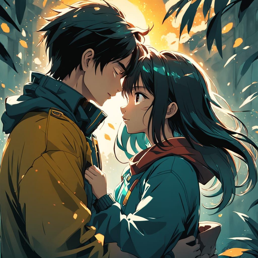Youthful Couple Embracing in Vibrant Golden Light