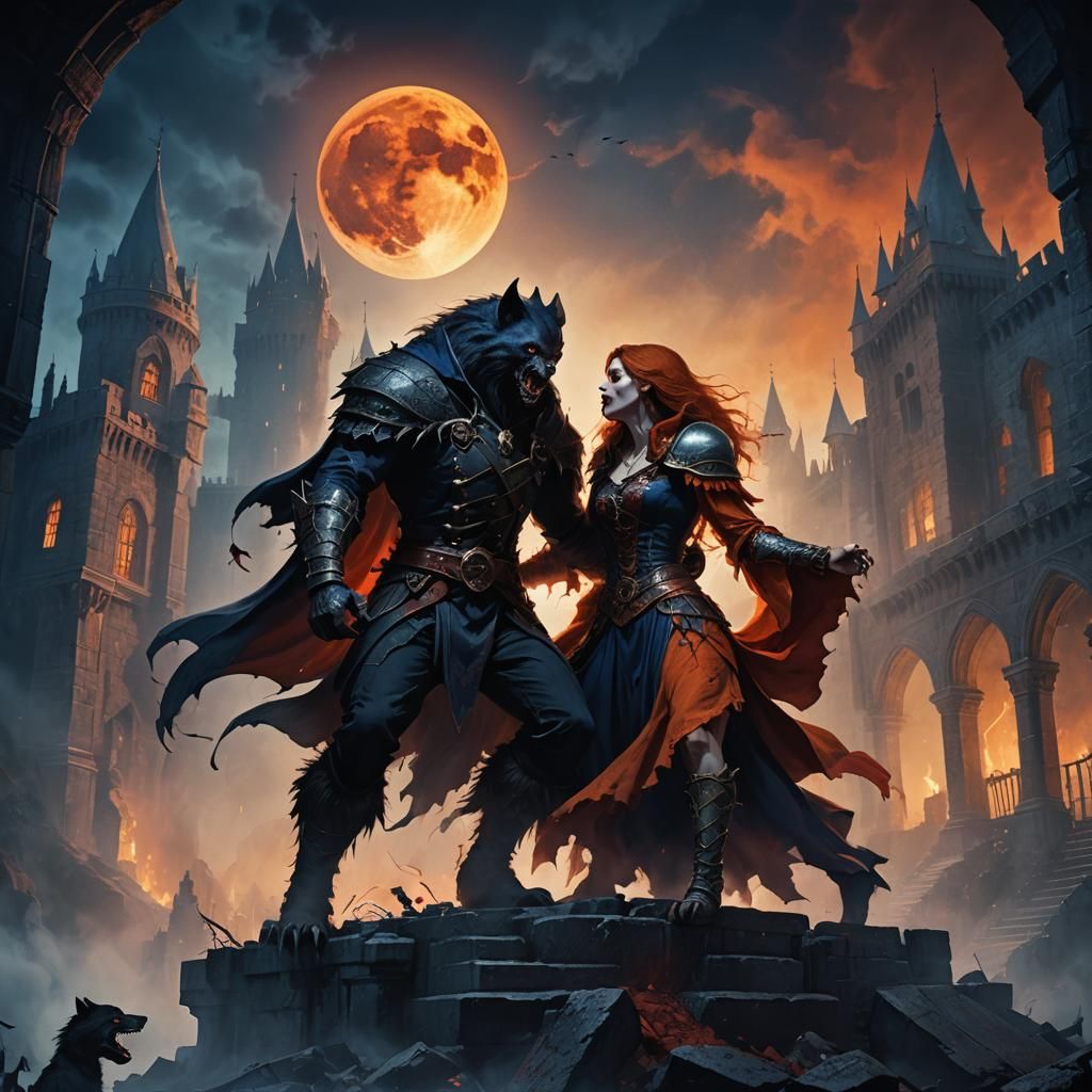 Vampire and Werewolf Battle in Ruined Castle