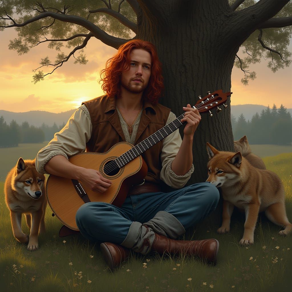 Man with Lyre and Wolf Pups in Hyperrealistic Style
