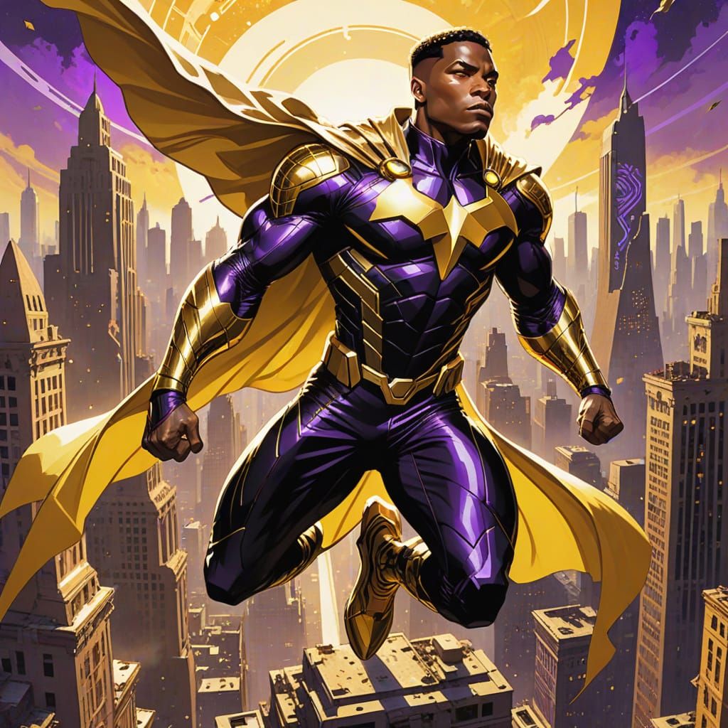 Heroic Superhero Soars Above Ruined City in Art Nouveau Styl...