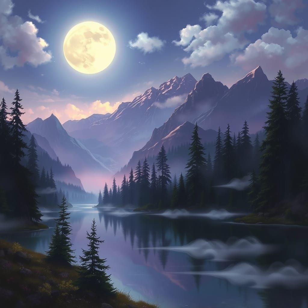 Serene Moonlit Forest Landscape with Mountains and Lake