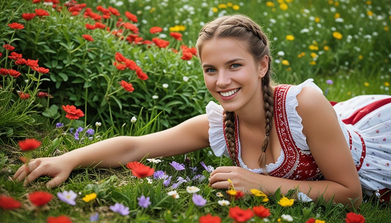 Traditional Swiss Woman in a Vibrant Mountain Field