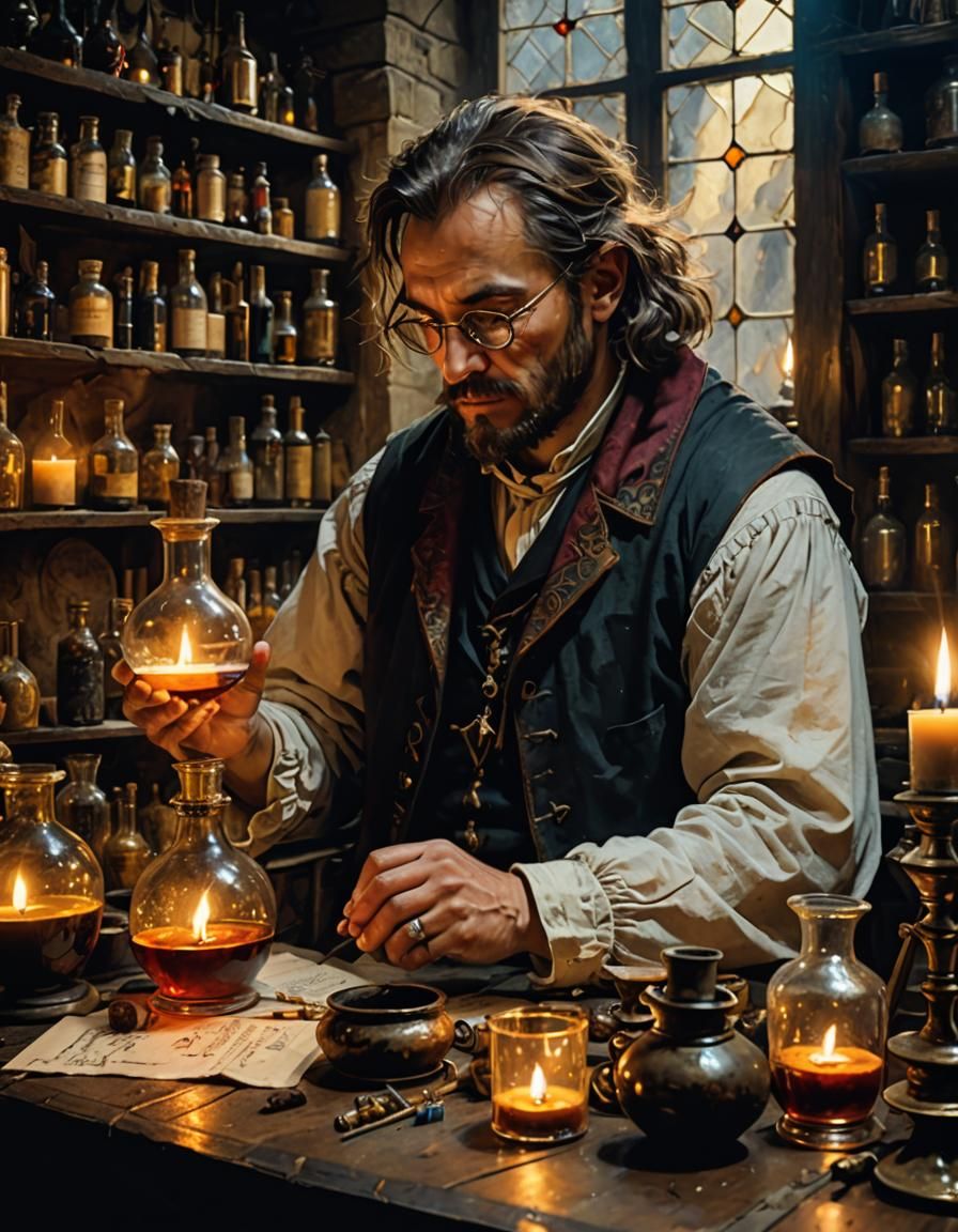 Alchemist at Work in Medieval Laboratory