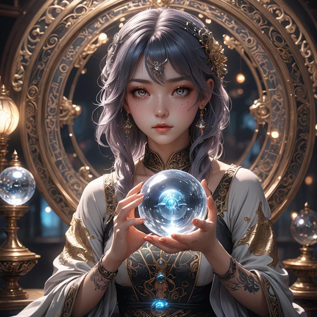 Anime Girl with Crystal Ball and Tattoos