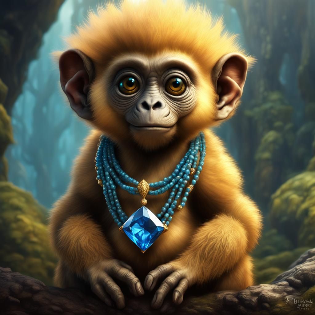 Golden Monkey with Diamond Necklace, Digital Art