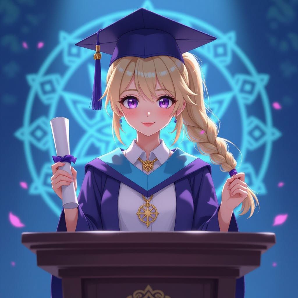 Anime Magic Academy Graduate with Diploma