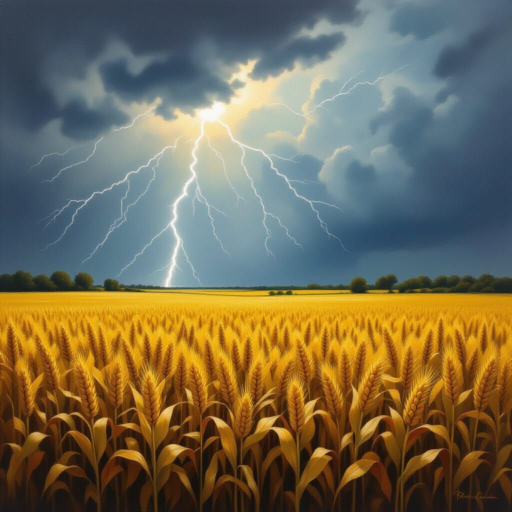 Baroque Lightning Strikes Wheat Field Landscape