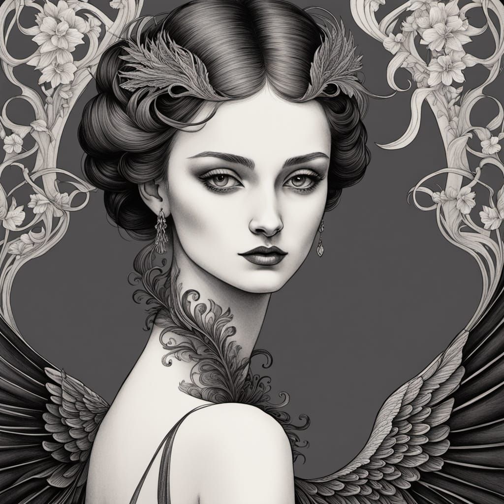 Elegant Black Swan in Art Nouveau Style
