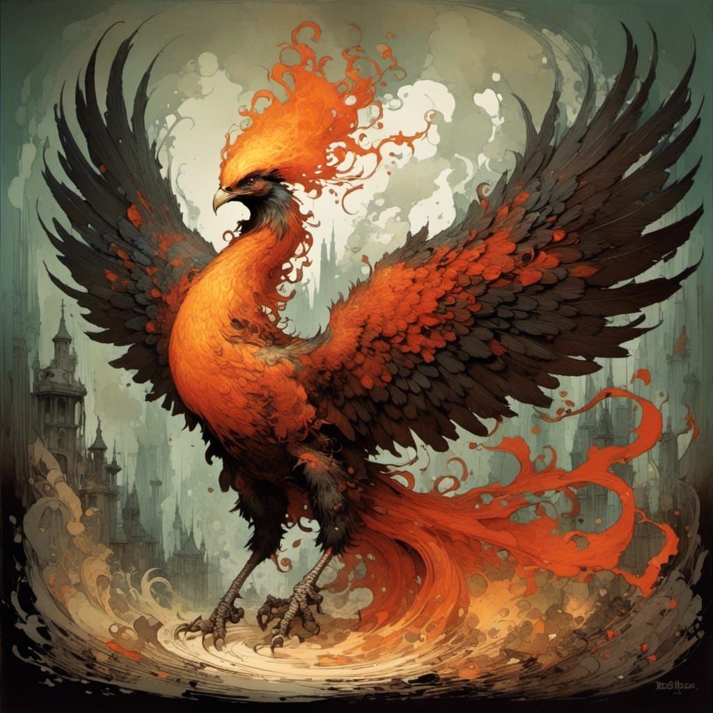 Fiery Phoenix Rising from Ashes in Glory