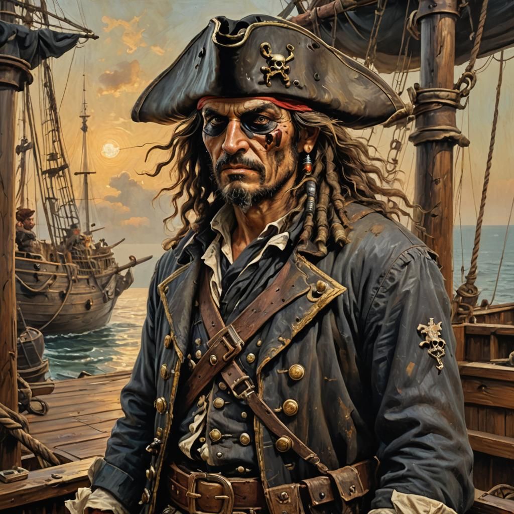 Menacing Pirate on Weathered Ship Deck as Oil Painting