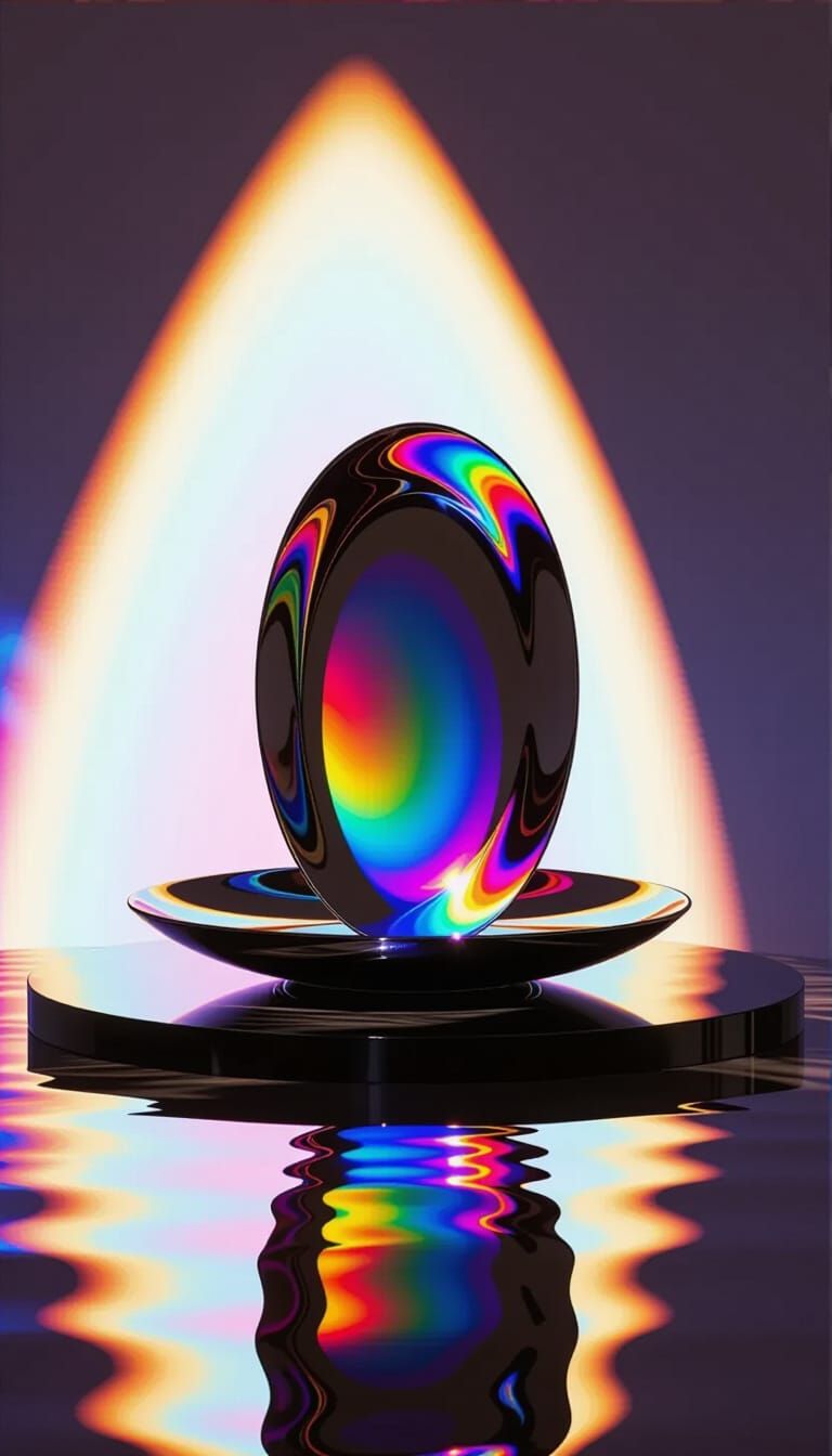 Dichroic Oval Tray on Ebony Table with Rainbow Reflections