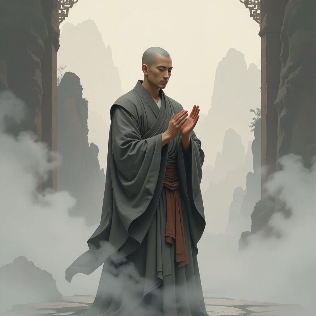 Mystical One-Handed Clap: Surreal Monk in Dreamy Mist