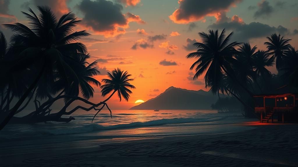 Ominous Tropical Beach Sunset: A Haunting Landscape