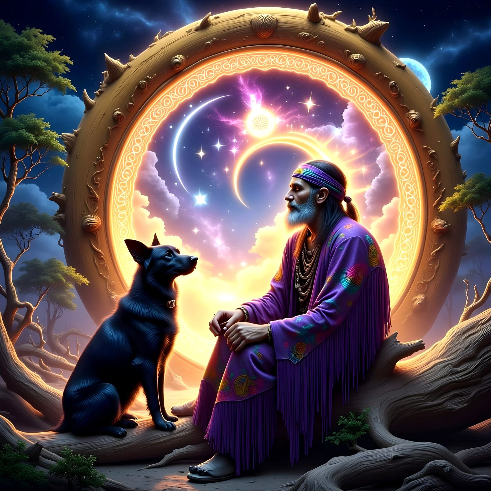 Ethereal Musician Amidst Golden Portal Ripples