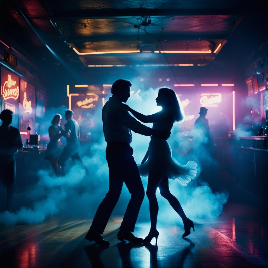 Cinematic Dance Floor Scene with Neon Lights