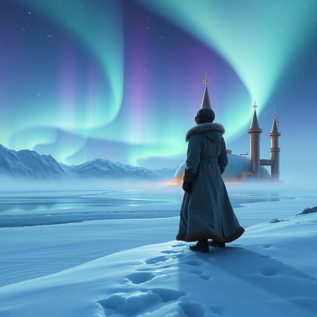 Surreal Steampunk Igloo in Frosty Arctic Landscape