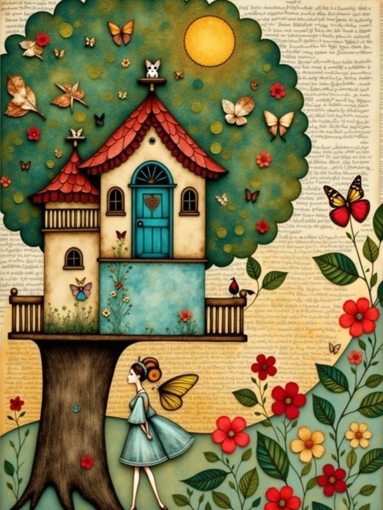 Charming Princess in Leafy Crown Amidst Layered Collage Art