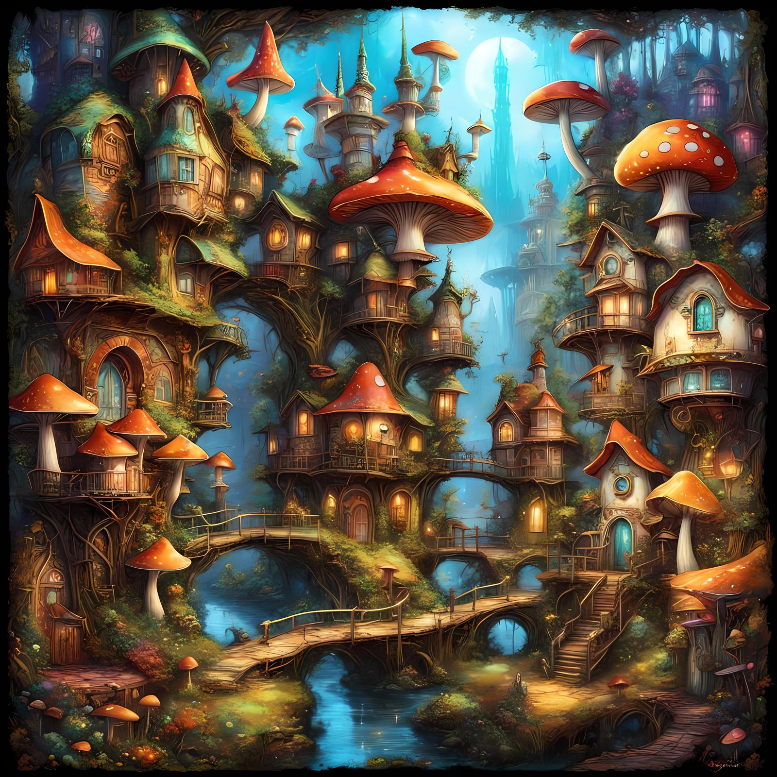 Steampunk Fairy Mushroom Village: Digital Art
