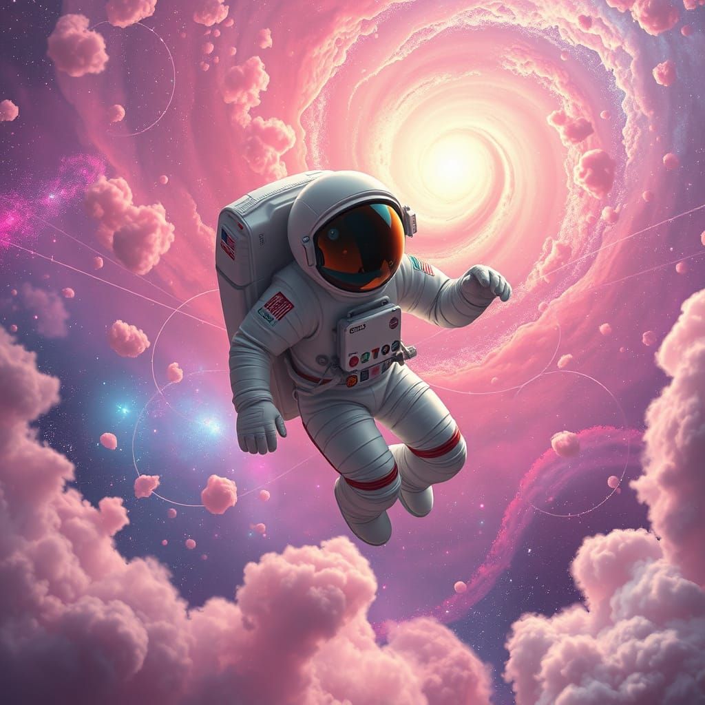 Astronaut Drifting Through Glowing Galaxy in Impressionistic...